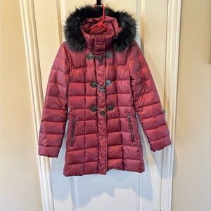 Lands' End Maroon Puffer Jacket with Black Fur Trim